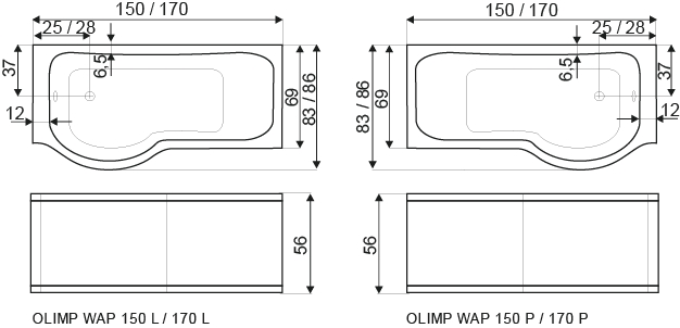 Ванна акриловая OLIMP правая 170 x 82,5 x 55 см