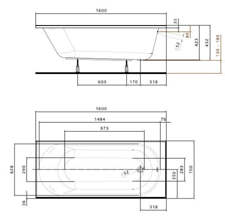 Ванна акриловая 160x70 см KOLO OPAL PLUS, с ногами - КонтурТерм