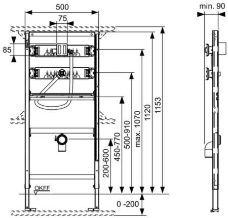 Инсталляция для писсуара TC 500х1120 мм, в комплекте с механизмом слива - КонтурТерм