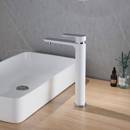 Смеситель для раковины ABBER Weiss Insel, высокий, хром/белый - КонтурТерм