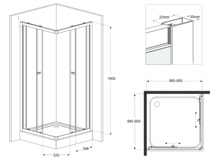 Уголок душевой 90х90х195 см REIHE NEXO, квадратный, профиль черный, стекло прозрачное - КонтурТерм