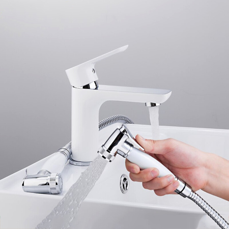 Смеситель для раковины Gappo G48 с гигиеническим душем, белый/хром - КонтурТерм