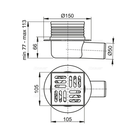 Трап горизонтальный Alcaplast Ø 50 мм, решетка 105x105 мм нержавеющая сталь - КонтурТерм