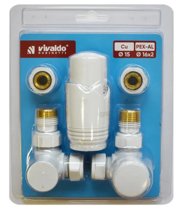 Кран осевой с термоголовкой Vivaldo 1/2'', комплект, цвет белый - КонтурТерм