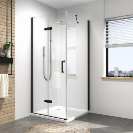 Уголок душевой 90х90х195 см REIHE LEFO, квадратный, левый/правый, профиль черный, стекло прозрачное - КонтурТерм