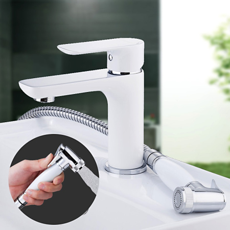 Смеситель для раковины Gappo G48 с гигиеническим душем, белый/хром - КонтурТерм